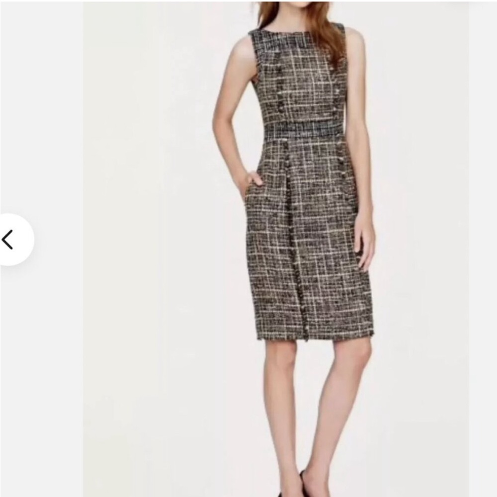 EUC J. Crew Black, Cream, & Gold Metallic Tweed Midi Dress, size 4.